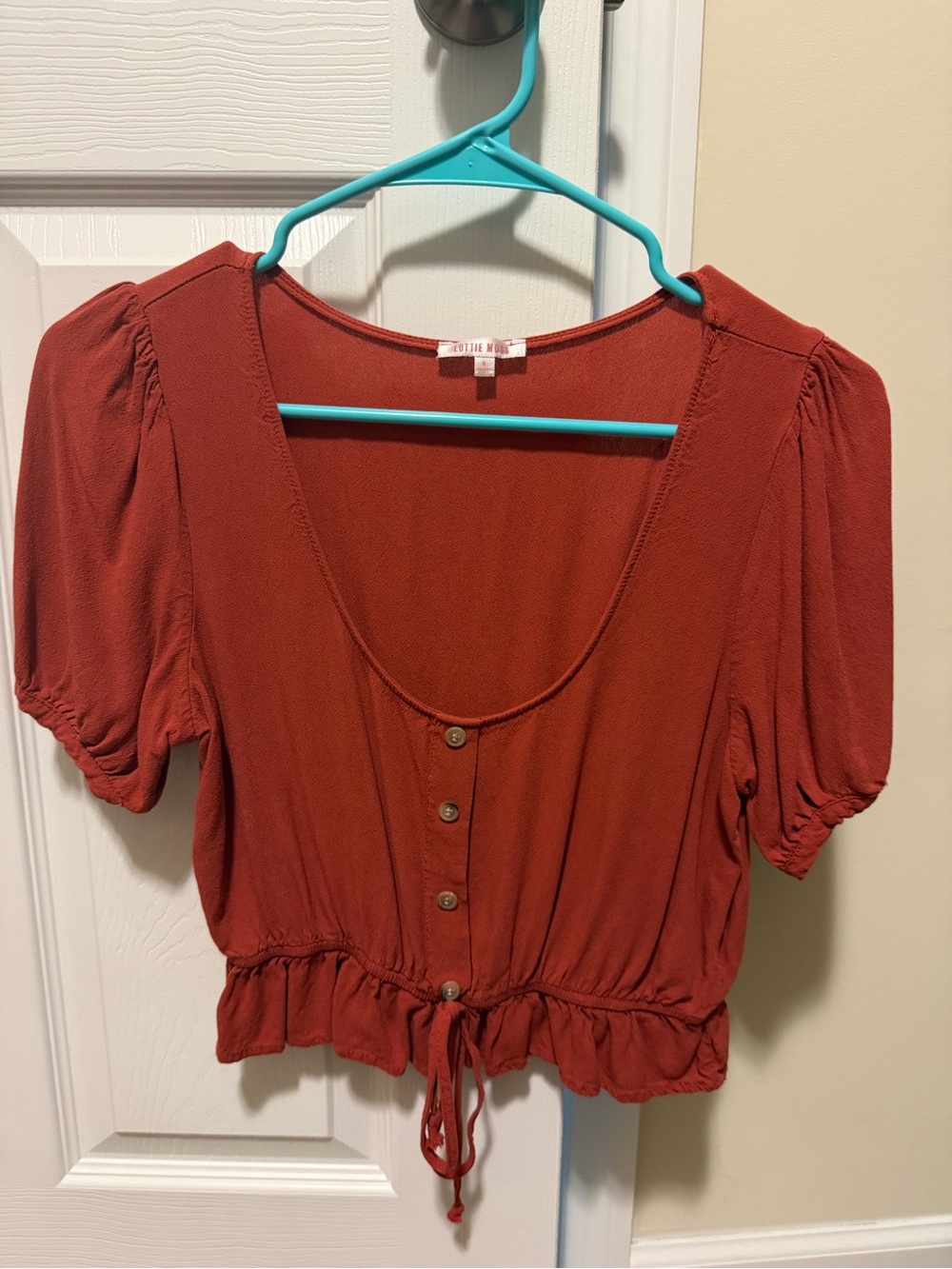 Rust Short Sleeve Button-Front Crop Top